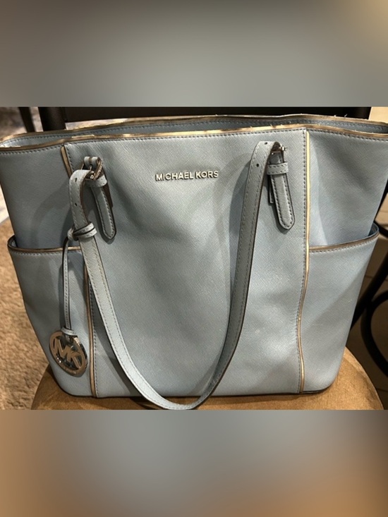 Michael Kors Handbags - MICHAEL KORS Powder Blue Saffiano Leather Tote with Gold Trim